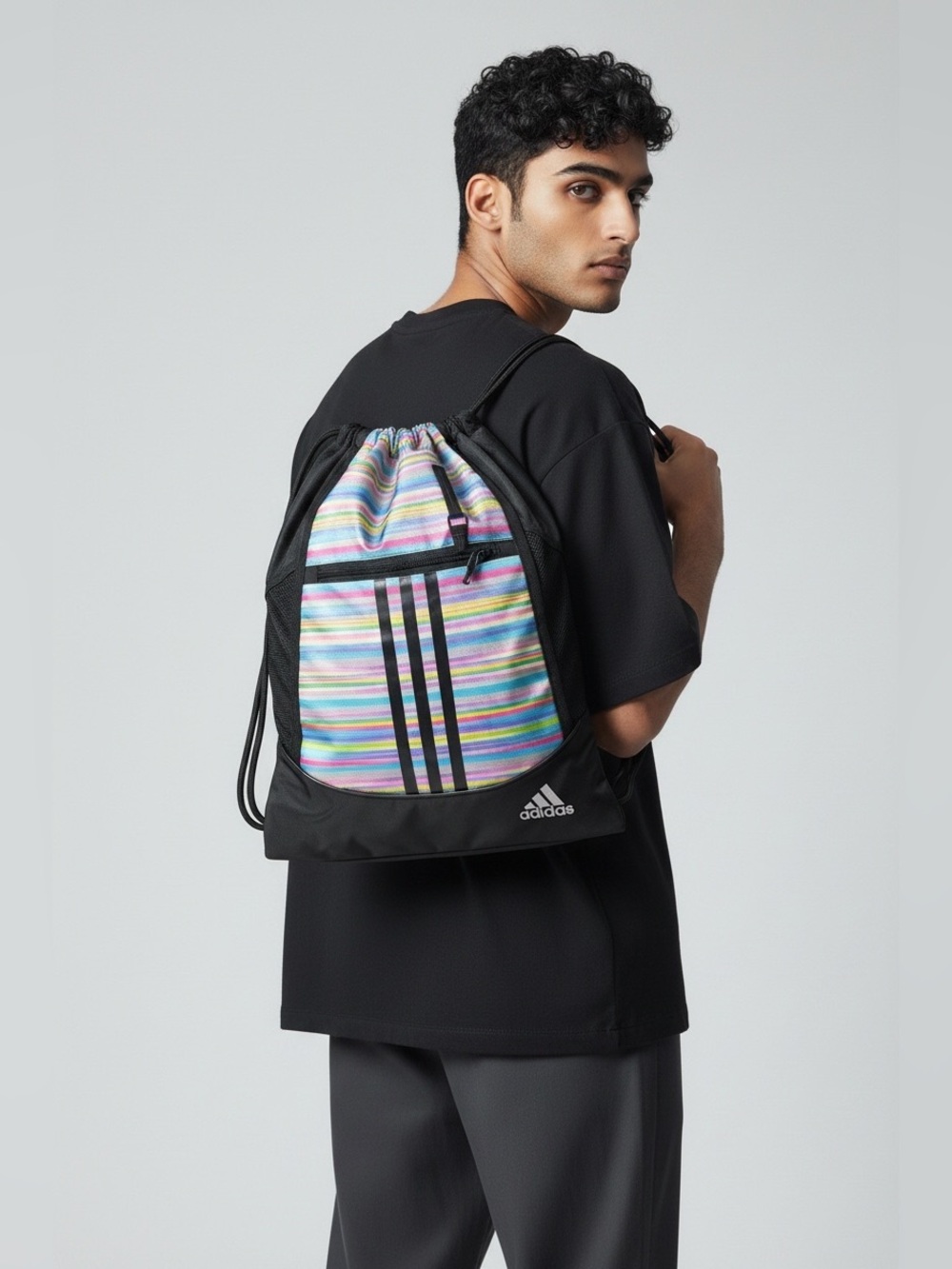 Adidas Black Rainbow Striped Drawstring Backpack Gym Travel Lightweight Unisex